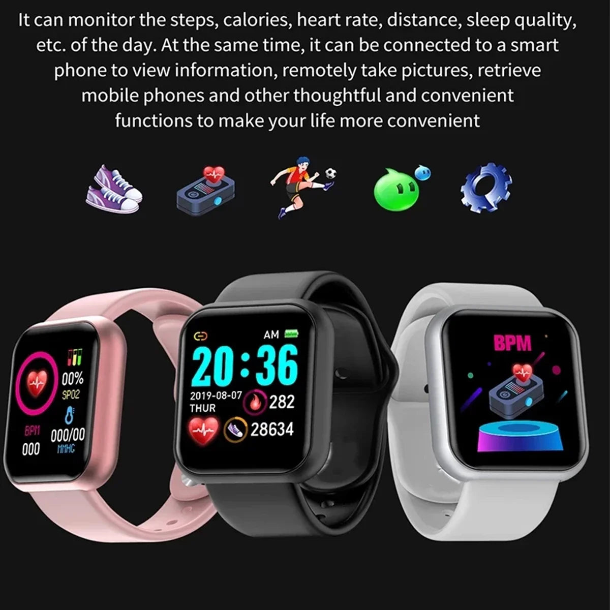 Reloj inteligente D20Pro para hombres y mujeres, reloj deportivo con seguimiento de actividad física, Monitor de ritmo cardíaco y presión arterial, reloj inteligente resistente al agua para Android IOS