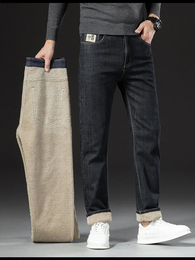 Pantalones Vaqueros de Invierno para Hombre, Forro de Cordero, Talla Grande
