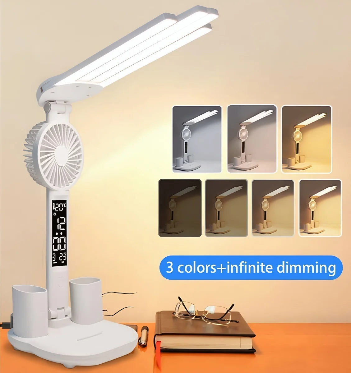 Lámpara de Mesa LED Multifunción con Ventilador Reloj y Carga USB Plegable