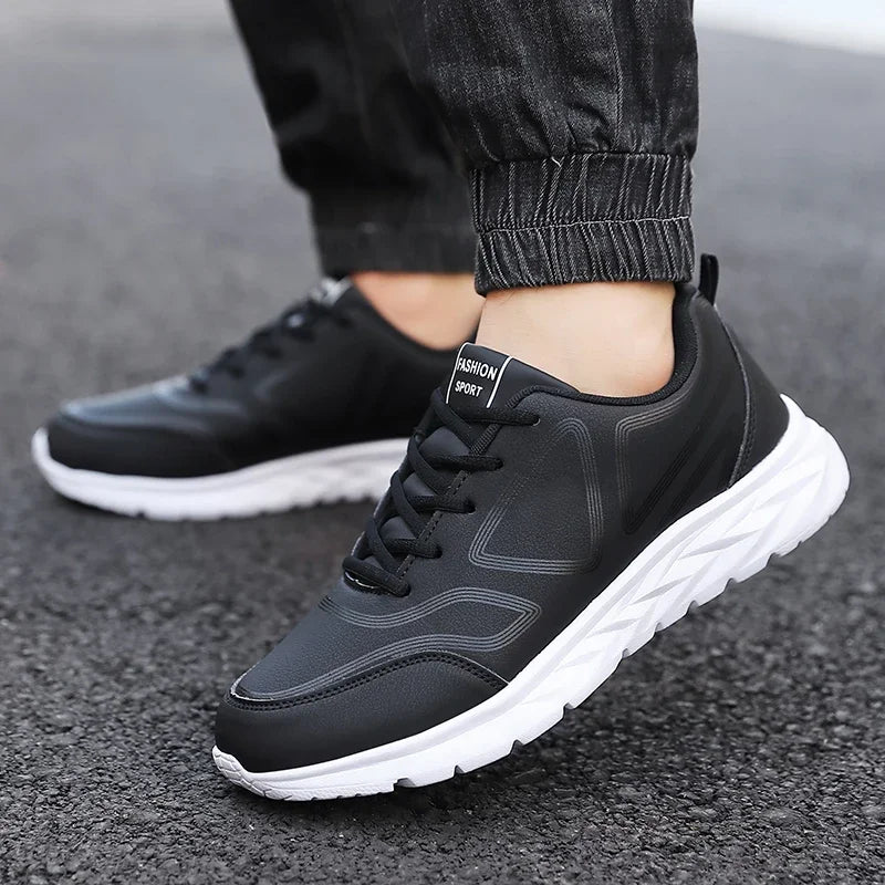 YRZL-Zapatillas deportivas impermeables de cuero para hombre, zapatos deportivos cómodos para caminar, resistentes al desgaste, color negro