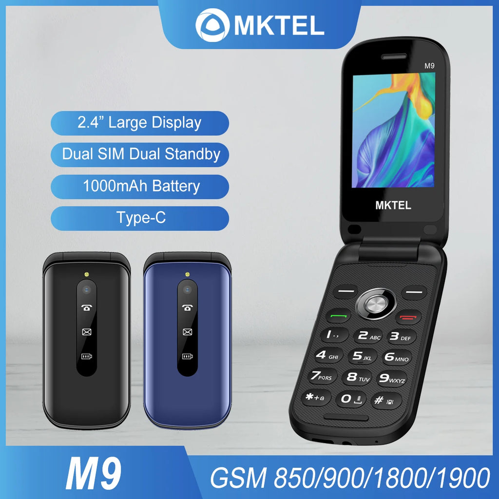 MKTEL M9 Flip teléfono móvil 2G 2,4 "pantalla 1000mAh batería Dual SIM doble modo de reposo MP3/MP4/FM Radio desbloqueado recurso para personas mayores teléfono
