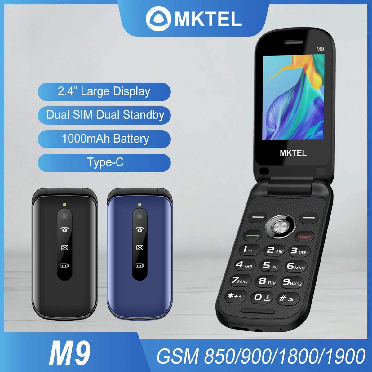 MKTEL M9 Flip teléfono móvil 2G 2,4 "pantalla 1000mAh batería Dual SIM doble modo de reposo MP3/MP4/FM Radio desbloqueado recurso para personas mayores teléfono