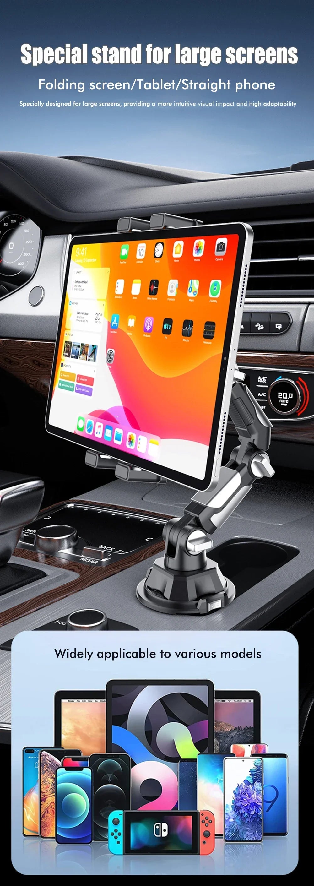 Soporte para Vasos de Coche con Rotación de 360 Grados, Soporte para Vasos de Coche con Articulación Larga, Soporte para Teléfono Móvil, Tableta y Ordenador