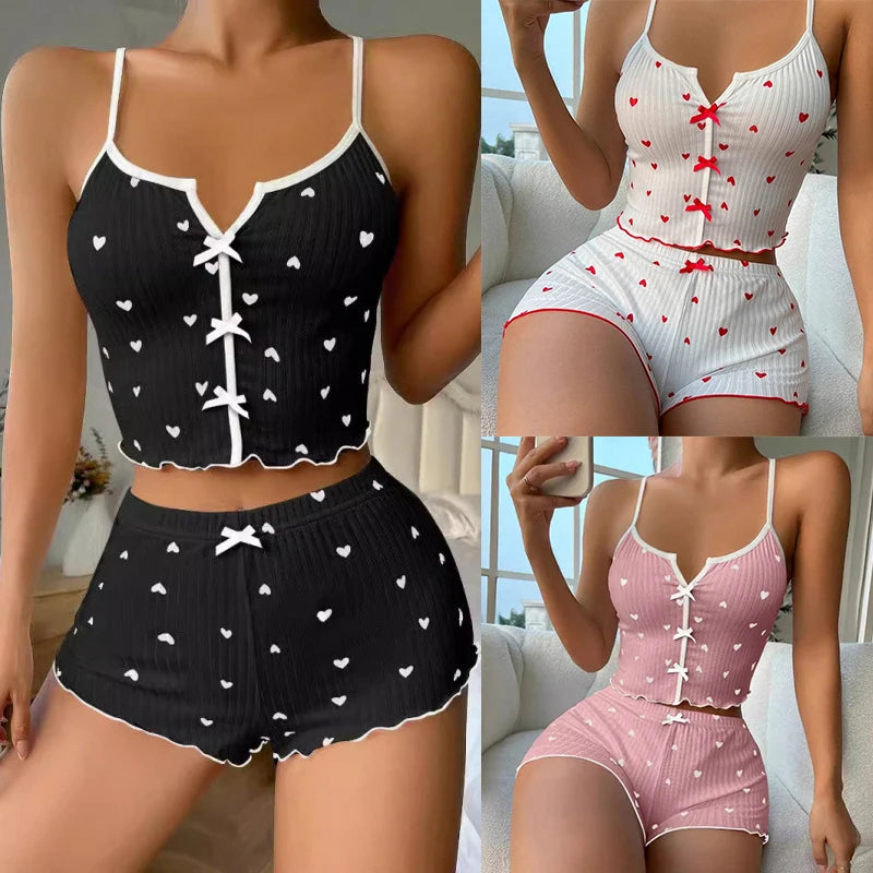 1 Juego de ropa de dormir para mujer, conjunto de pijamas con estampado de corazón, tela acanalada suave con ribete de volantes coqueto, camisola informal y conjunto corto, ropa de descanso