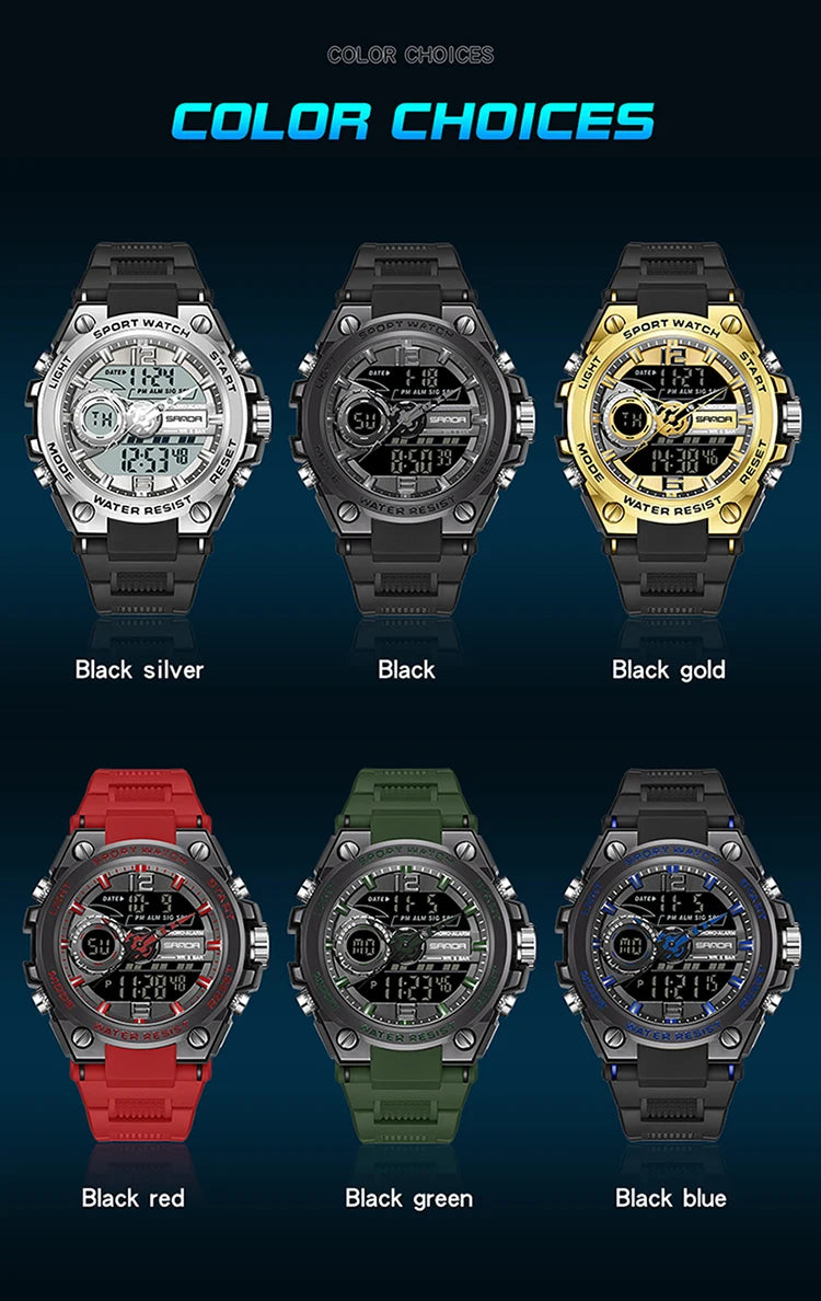 Reloj Deportivo Militar SANDA 6092 Pantalla Dual LED, Resistente al Agua