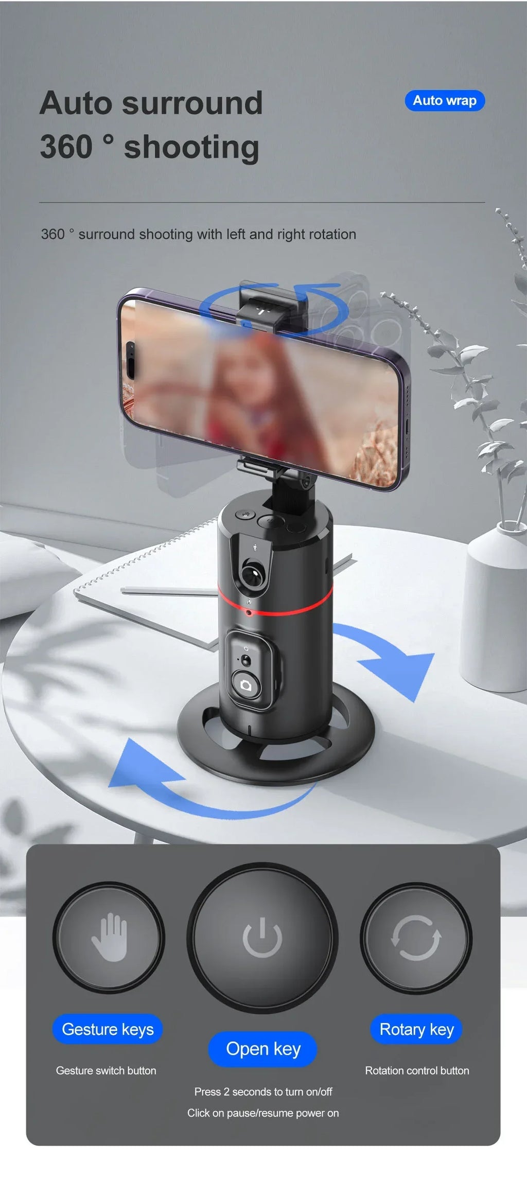 Soporte para Teléfono de Escritorio P02 con Seguimiento Facial 360 °   Gimbal Giratorio Automático para iPhone 16 15 Samsung S23 Xiaomi, Palo Selfie de Mano
