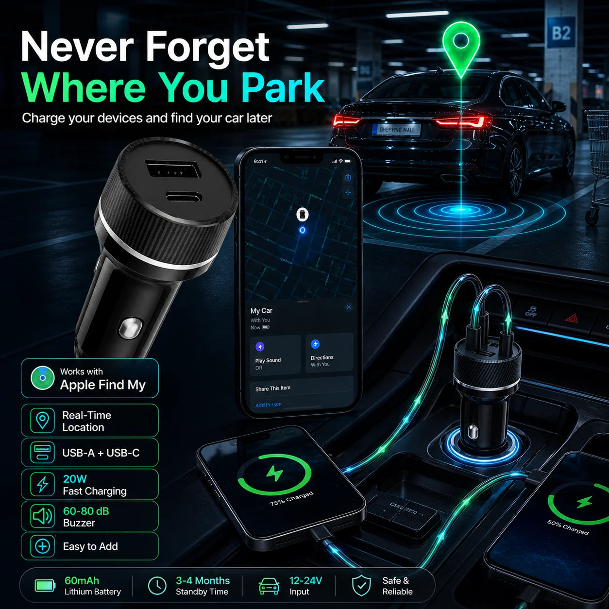 Localizador GPS Mini para Coche, Cargador USB Tipo-C, Apple Find My