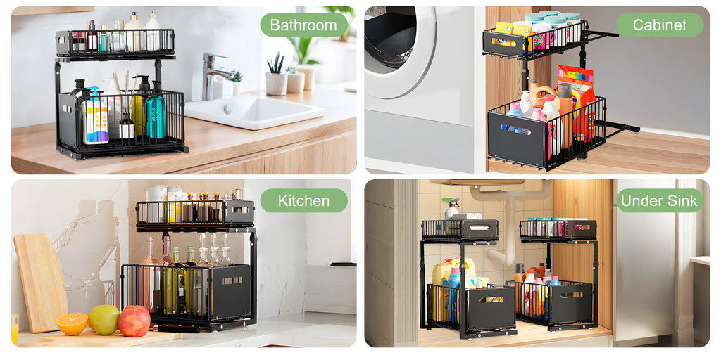 Organizador de gabinete extraíble de 2 niveles, estante de almacenamiento de cocina ajustable, organizador debajo del fregadero, estante de almacenamiento para tarros de especias, cajón deslizante