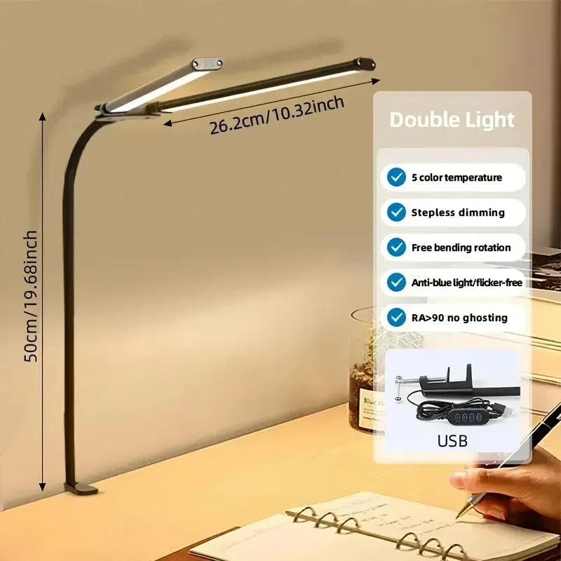 Lámpara de Escritorio LED Doble Cabezal con Clip y USB