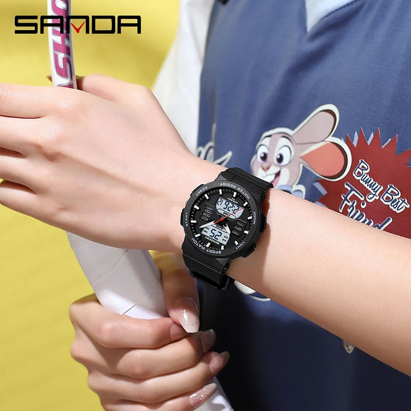 Reloj Digital LED SANDA 6185 para Mujer Pantalla Dual Resistente al Agua