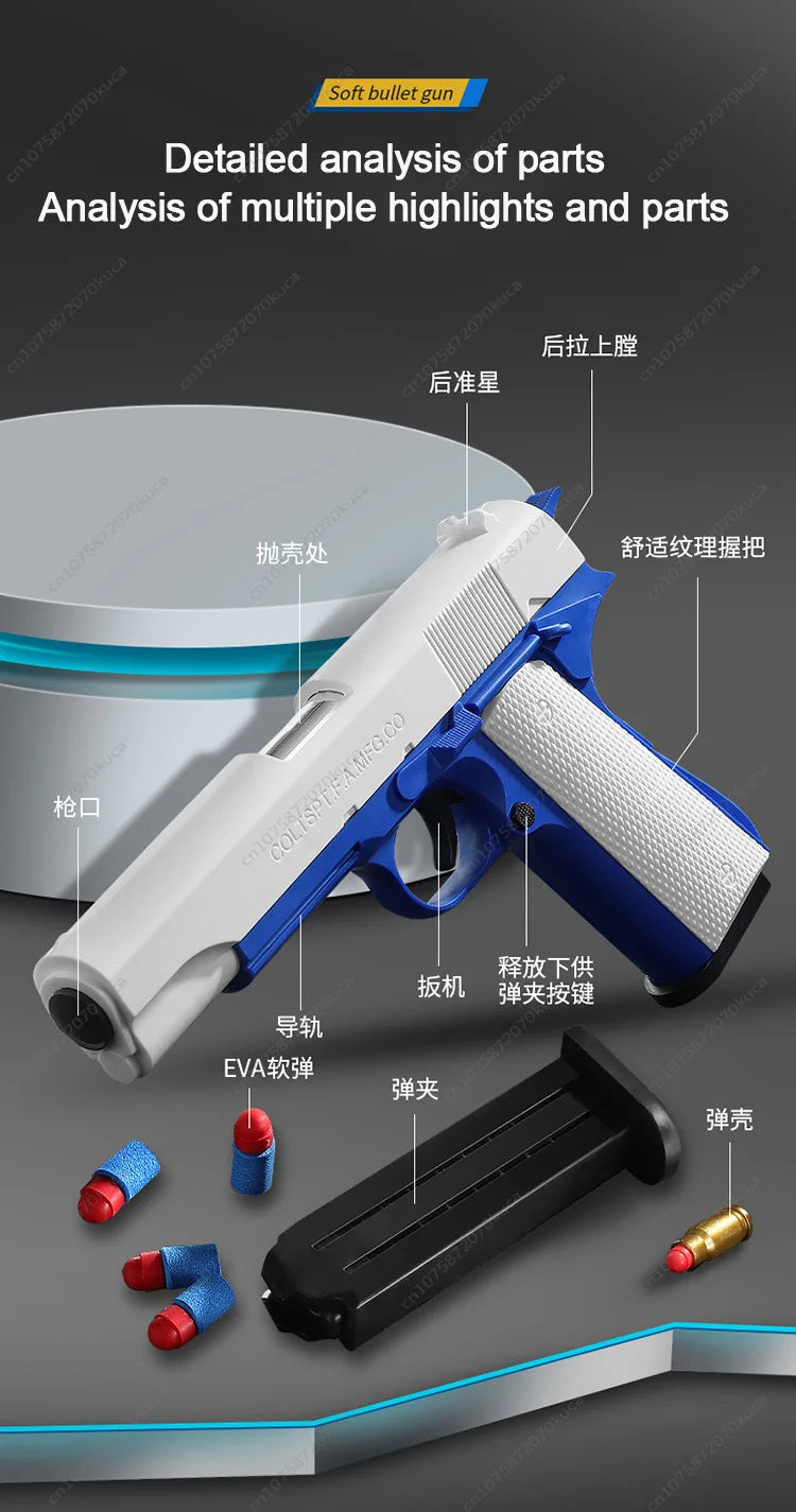 Pistola de juguete M1911 con balas de espuma, expulsión de casquillos, lanzador de dardos de espuma, arma de airsoft manual con silenciador para niños y adultos