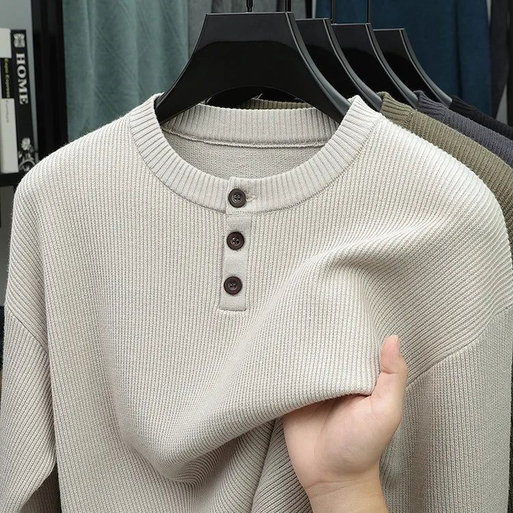 Suéter de punto Henley de peso pesado de 500 g para hombre - Beige (caqui/negro/gris/verde) Otoño Invierno esencial    Toque suave