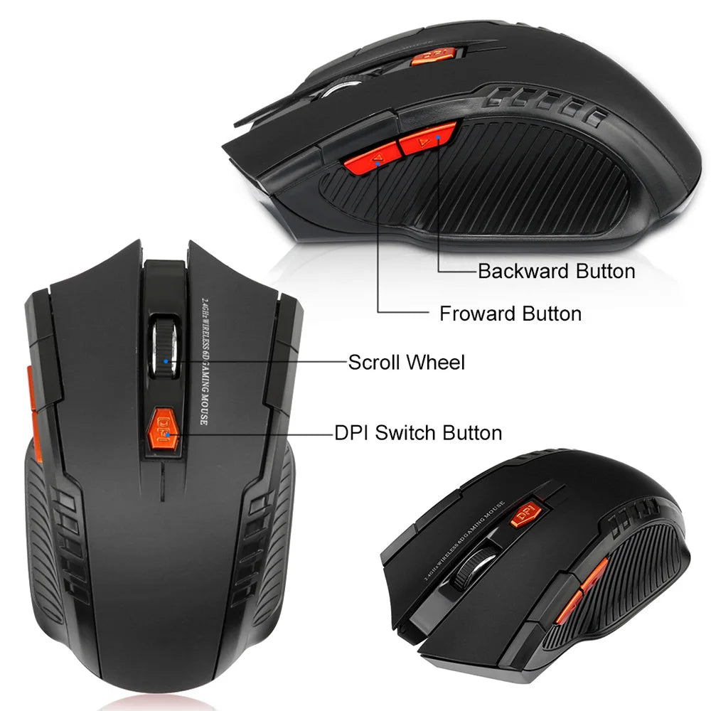 Ratón óptico inalámbrico de 2,4 GHz para videojuegos con receptor USB, 2000DPI, 6 botones, accesorios para ordenador y portátil