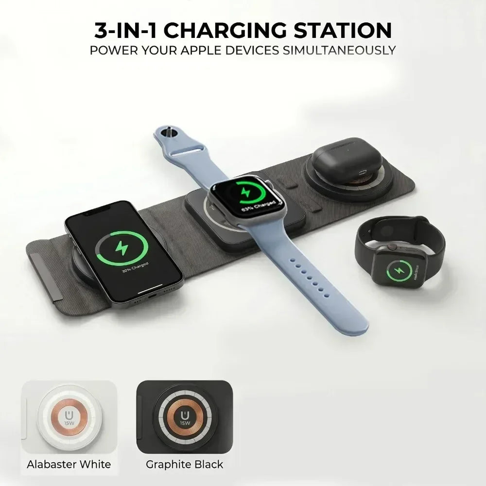 Cargador inalámbrico plegable 3 en 1, base de carga rápida para iPhone, Apple Watch, AirPods Pro, portátil, para viajes, hogar, oficina, uso diario