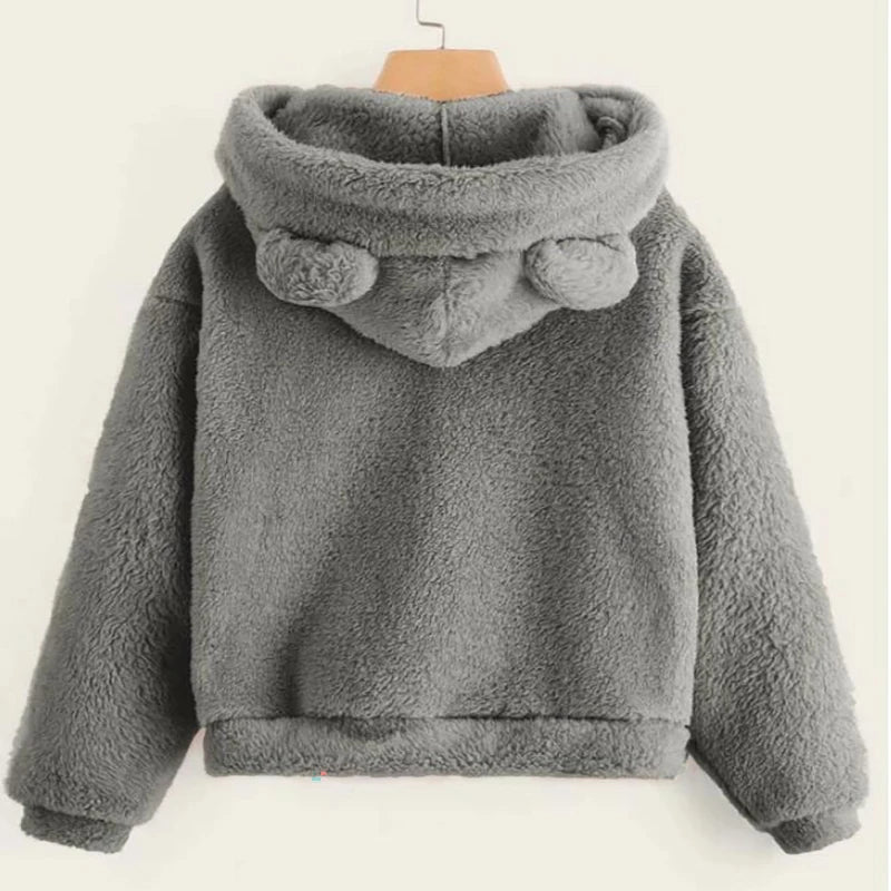 Otoño Invierno mujer manga larga suéter sudaderas con capucha Casual cómodo Color sólido pequeño oso sombrero abrigo prendas de vestir femeninas sueltas