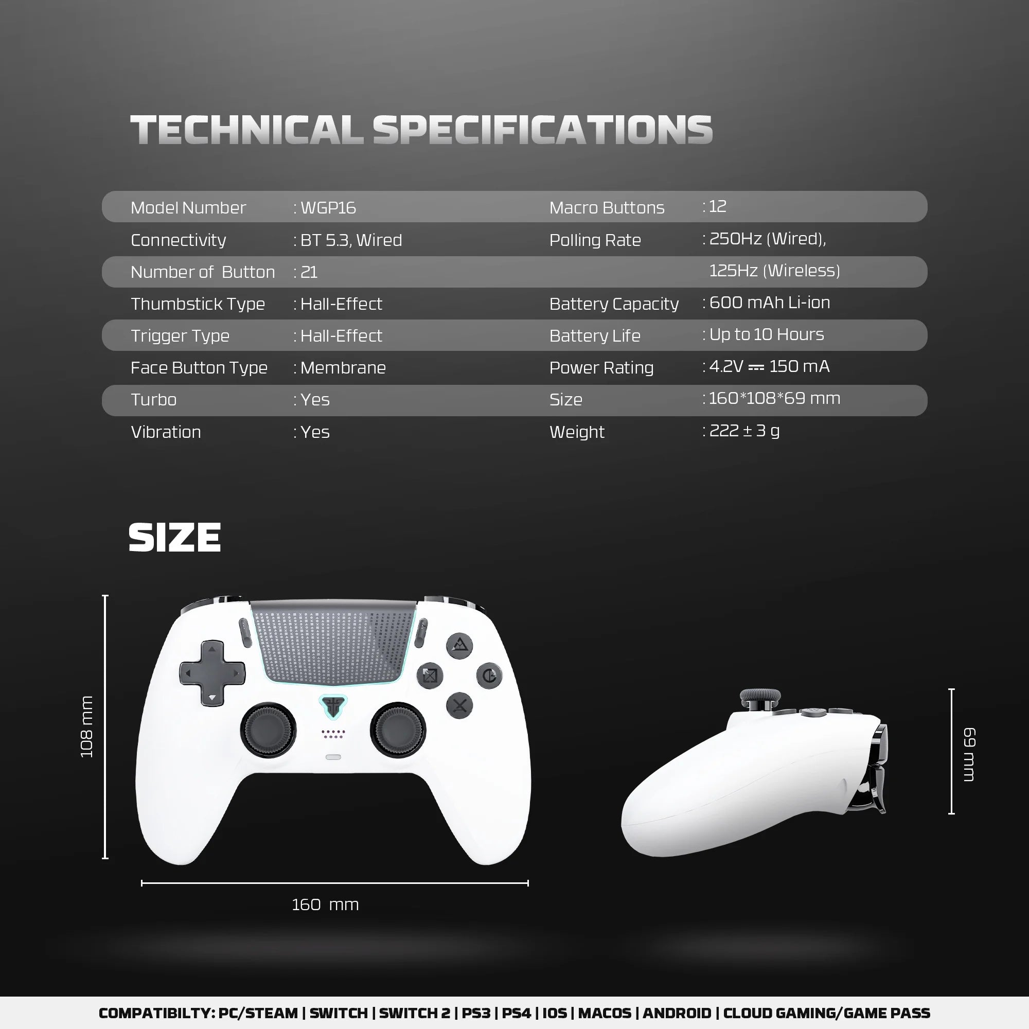 FANTECH NOVA II WGP16 Gamepad inalámbrico Sensor giroscópico Joystick Hall y disparador de efectos para PS4 NS2 controlador con cable Gamer