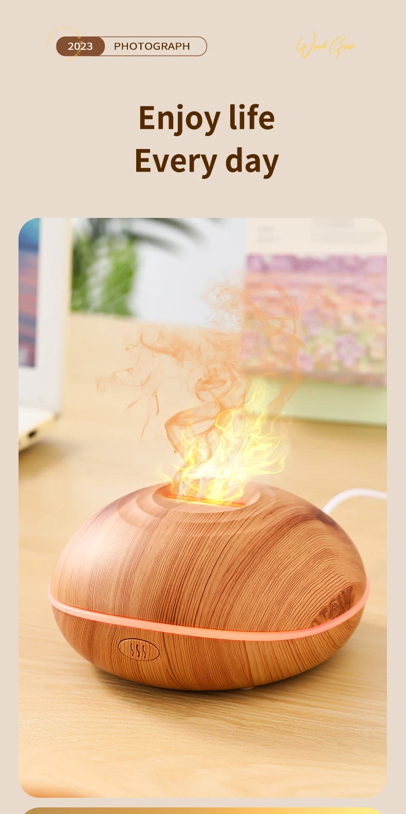 La llama del humidificador aromático puede agregar aceite esencial, pequeña máquina AromaRelax, humidificador de aire equipado con función de iluminación colorida