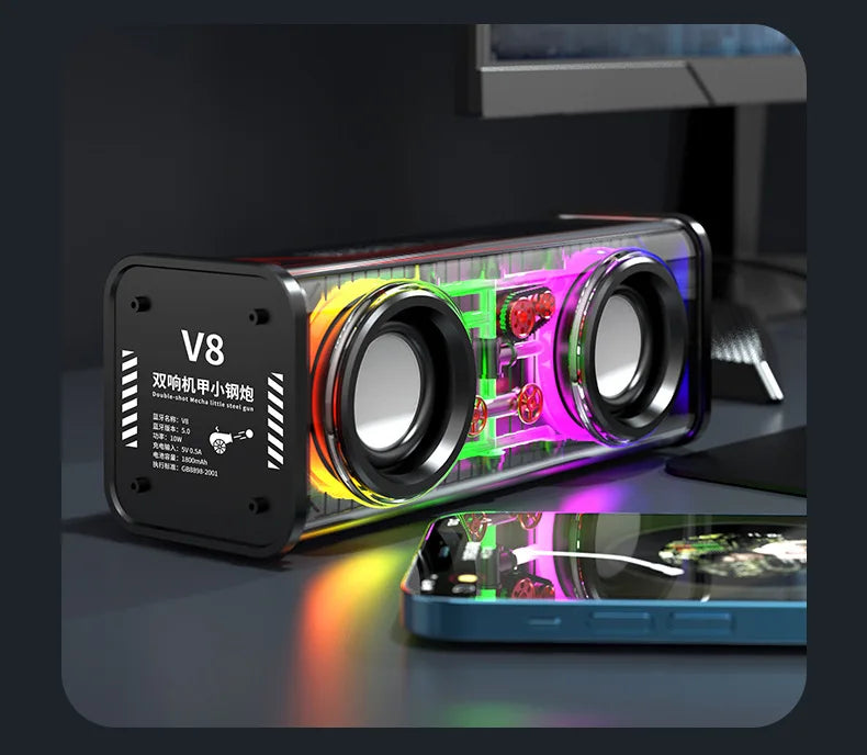 Altavoces Mecha transparentes V8, Bluetooth 5,0, inalámbricos, diafragma de contrabajo, Subwoofer, música, TWS, luz RGB, Mini altavoz de fiesta