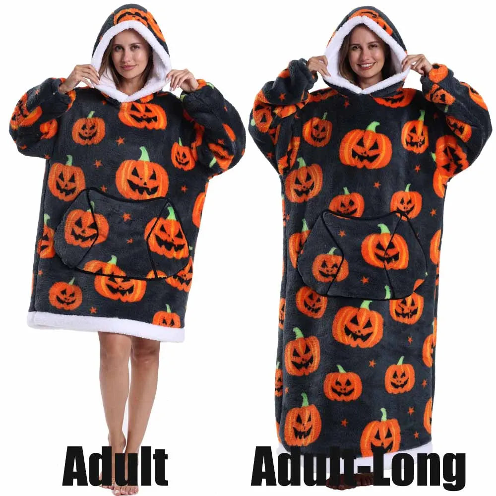 Sudaderas con capucha para mujer, Top de manga larga esponjoso y cálido en negro y gris, sudadera con capucha de fantasma y calavera de calabaza para Halloween, manta de gran tamaño para adultos, ropa de invierno