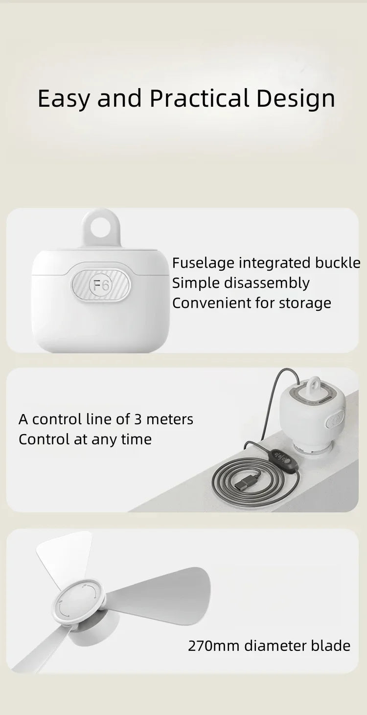 Ventilador de techo USB con 3 velocidades, ventilador de 3 metros con hoja desmontable, portátil, silencioso, refrigeración interior, exterior, tienda de campaña, Control de línea