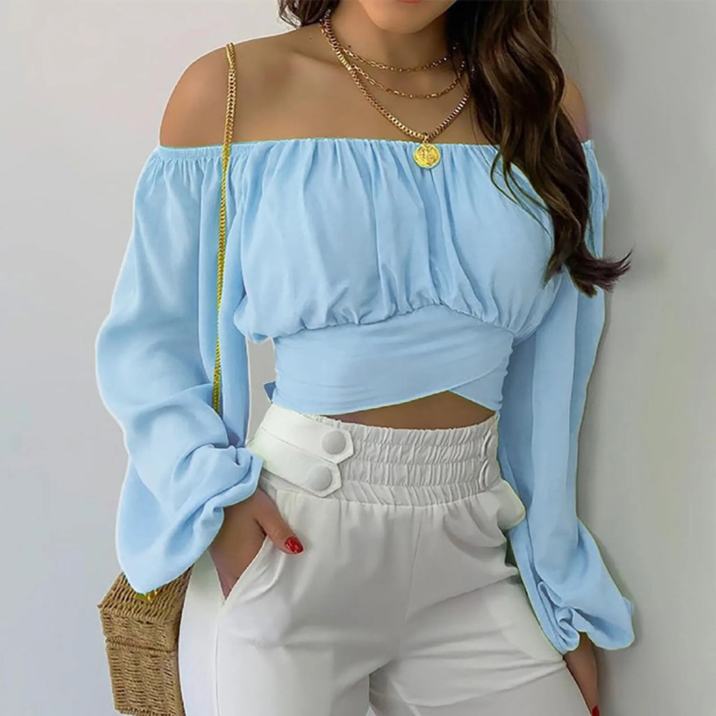Blusa con Hombros Descubiertos y Lazo de Manga Larga