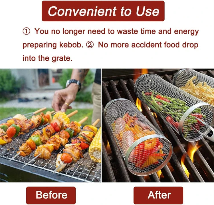 Tubo de red para barbacoa, cesta rodante portátil para asar, cesta cilíndrica de malla de alambre de acero inoxidable para barbacoa al aire libre, Camping JT462