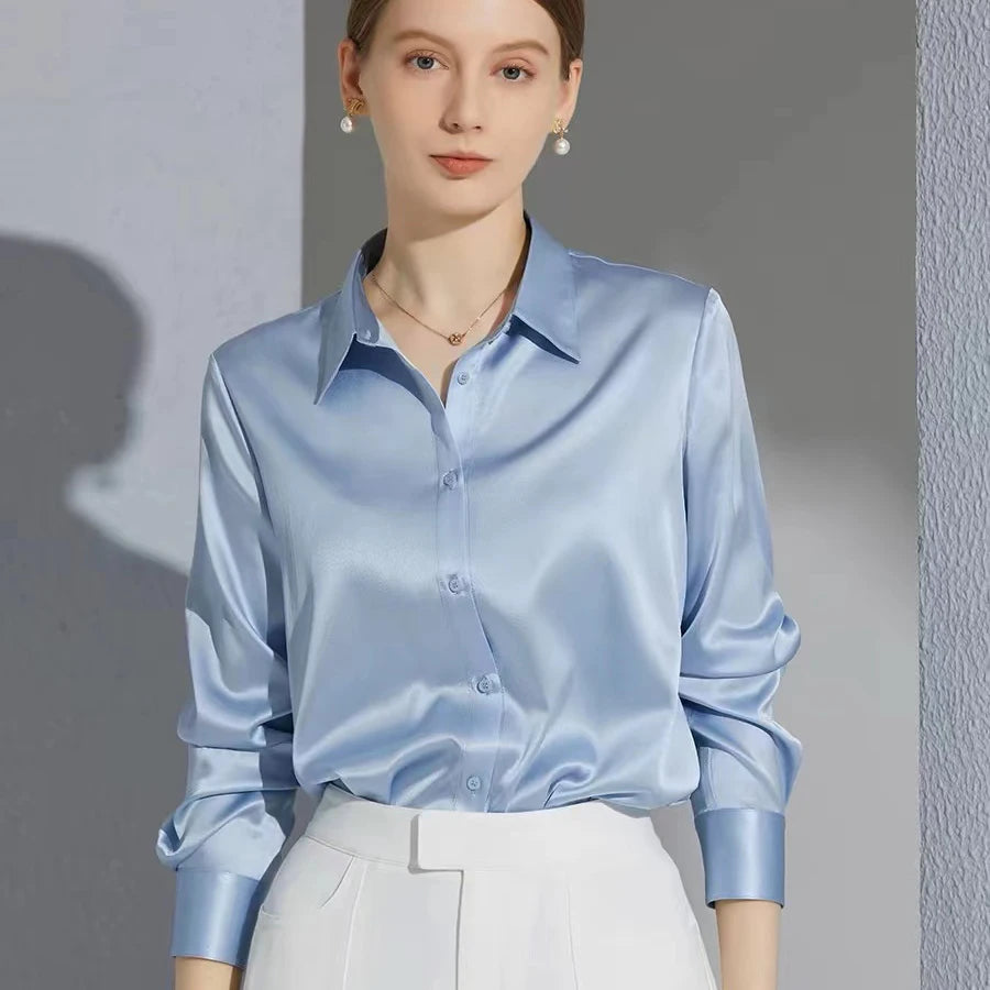 Camisa Satinada de Manga Larga para Mujer, Estilo Elegante