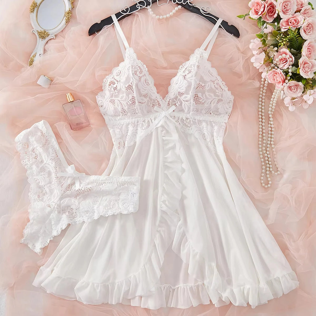 Conjunto de 2 Piezas de Camisón de Encaje para Mujer, Ropa de Dormir Elegante, Nuevo Pijama Verde Nocturno, Camisón Transparente con Abertura, Conjunto de Brasier y Panty con Cuello en V
