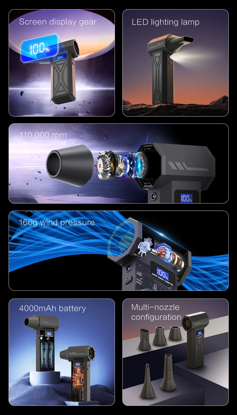 Potente soplador de aire de 110000Rpm, soplador de chorro Turbo ajustable de 4 engranajes con pantalla de batería de luz Led, plumero de aire comprimido inalámbrico