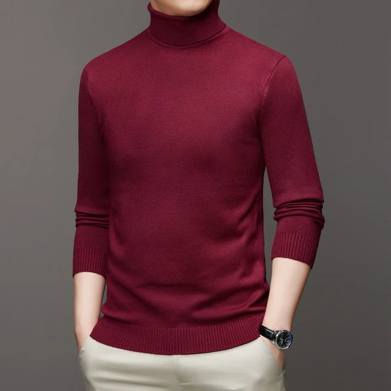 2025 nuevos suéteres de punto para hombre, jerseys transpirables de cuello alto de Color sólido, ropa de calle básica cálida para exteriores, Tops de negocios de otoño