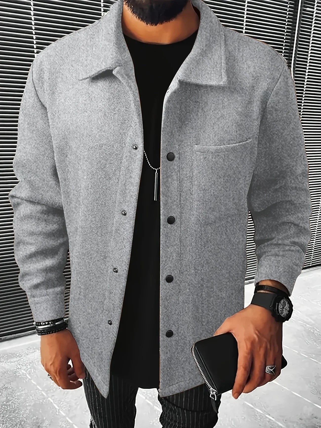 Chaqueta de Hombre con Botones, Mezcla de Lana, Estilo Casual con Solapa