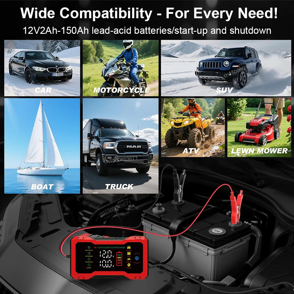 Cargador de batería inteligente 12V 10A con pantalla LCD para autos y motos