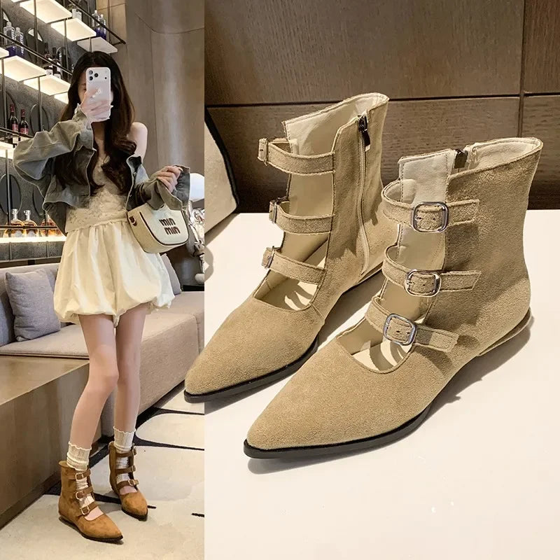 Botines de mujer en ante con hebillas y cremallera, estilo retro occidental