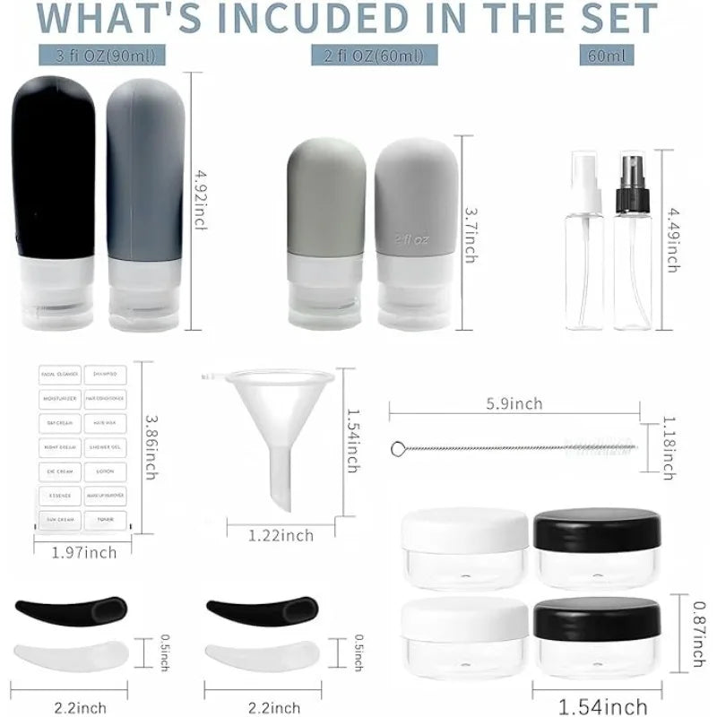 Juego de 17 Botellas de Viaje de Silicona, Envases de Aseo a Prueba de Fugas para Champú, Acondicionador, Cosméticos, Kit de Accesorios Recargables