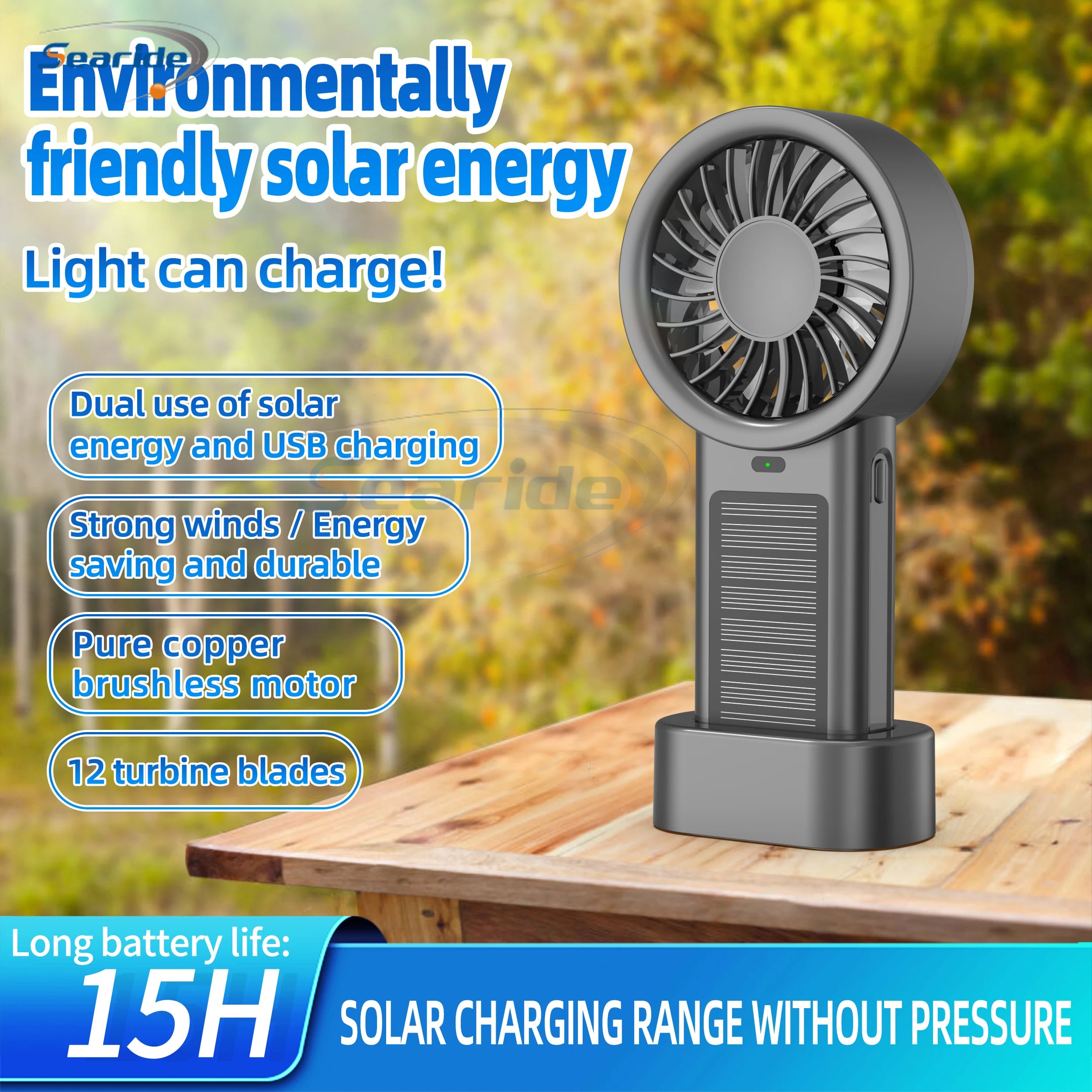 Ventilador solar portátil 5 velocidades, recargable USB para camping