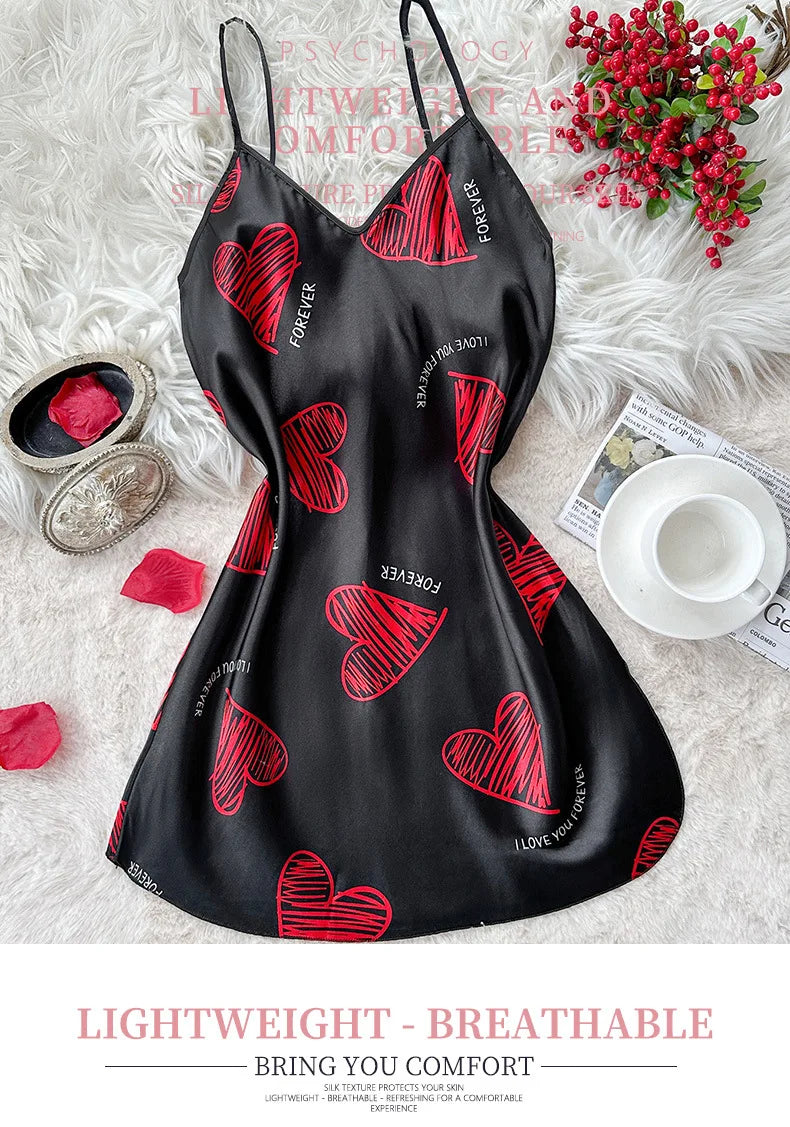 Camisón de Satén con Estampado de Labios | Mini Vestido de Dormir