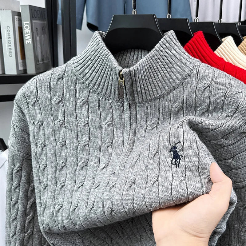 Suéter Vintage para Hombre con Cuello Alto, Bordado y Cremallera