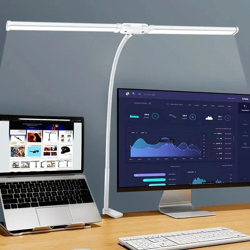 Lámpara de Escritorio LED Doble Cabezal con Clip y 3 Modos de Brillo