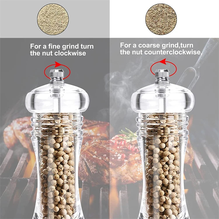 LMETJMA Molinillo de sal y pimienta acrílica transparente con molinos de aspereza ajustables Molinillo de sal y pimienta de mar recargable JT133