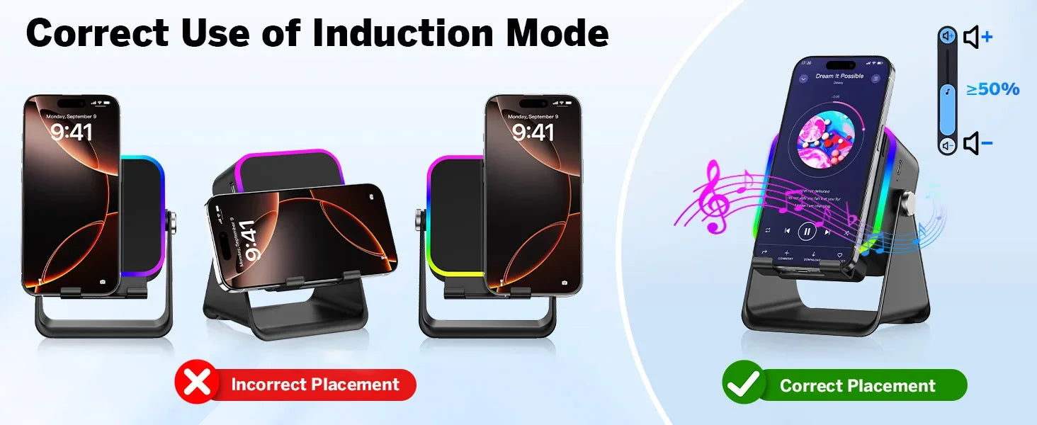 NUEVO Altavoz Inalámbrico de Inducción Automática 5 en 1 con 8 Modos de Luz RGB, Soporte para Teléfono, Sonido Envolvente, Soporte Portátil para Teléfono con Bluetooth