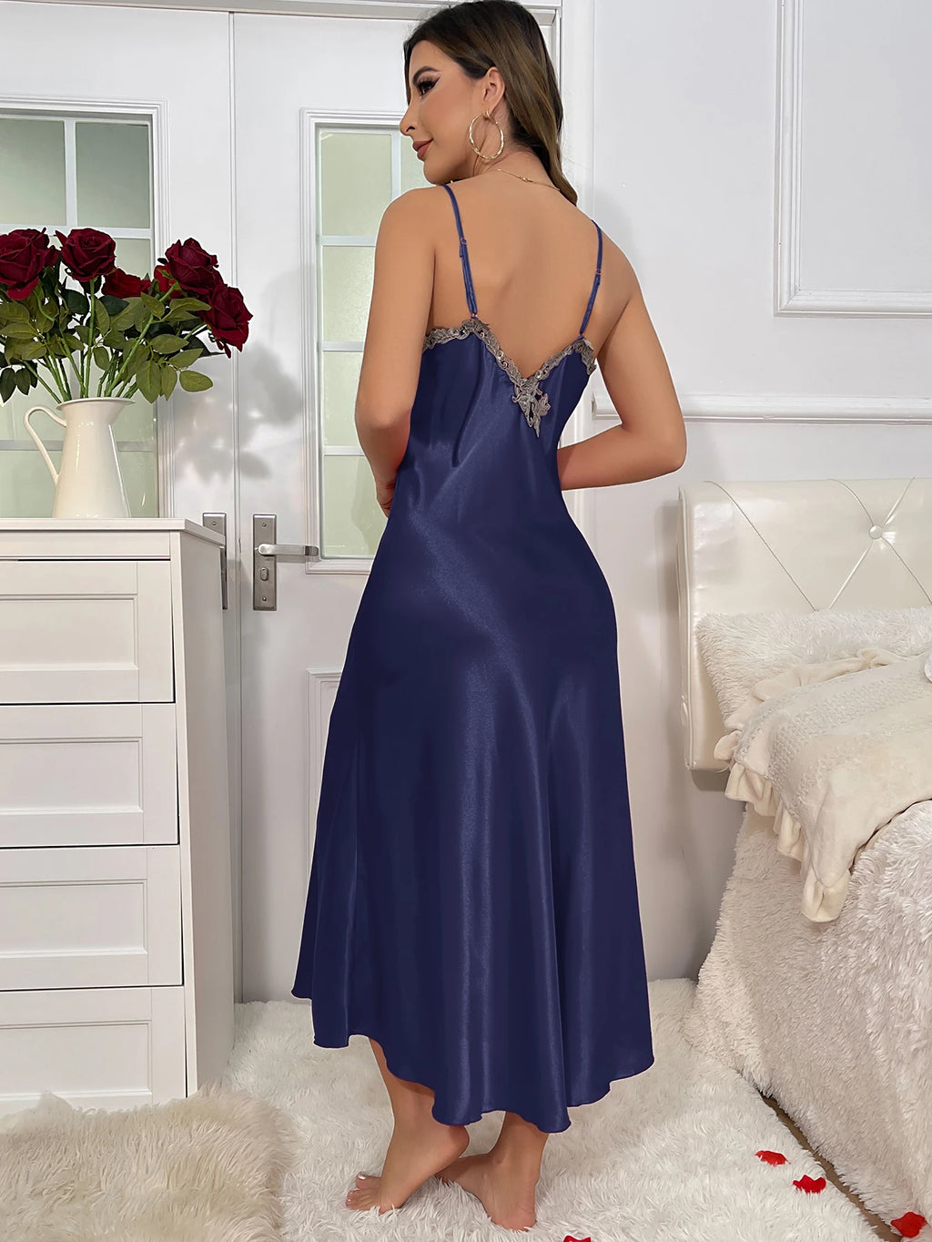 2cs Contraste de encaje de manga larga con cinturón bata con cuello en V vestido deslizante Sexy elegante conjuntos de pijamas para mujer