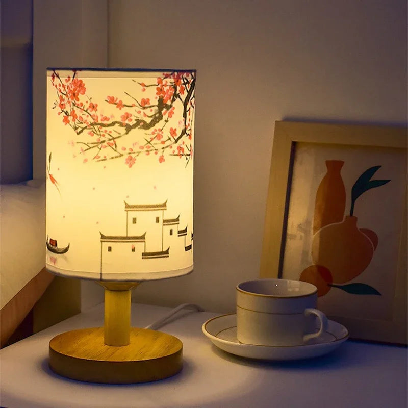 Lámparas de mesa de decoración cuadrada LED, estilo chino Simple, regulable, enchufe europeo, luz nocturna, pantalla de tela, luces de noche para dormitorio