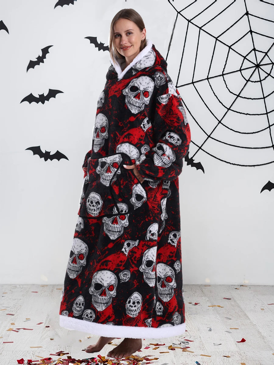 Sudaderas con capucha para mujer, Top de manga larga esponjoso y cálido en negro y gris, sudadera con capucha de fantasma y calavera de calabaza para Halloween, manta de gran tamaño para adultos, ropa de invierno