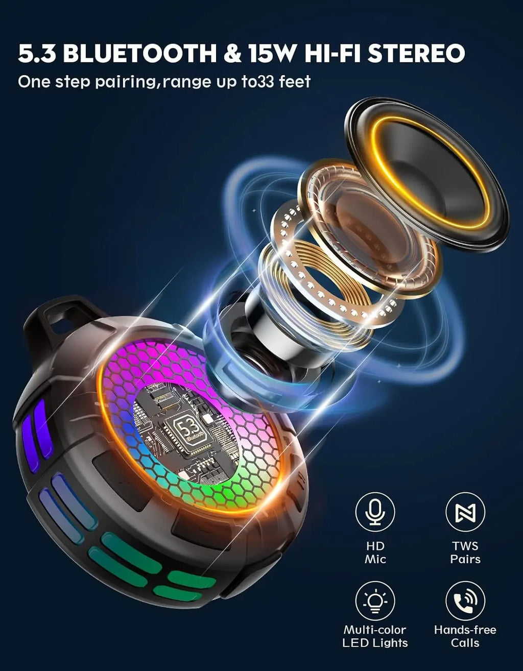 Altavoz Bluetooth, altavoz de ducha con sonido estéreo, altavoces impermeables IPX7, altavoz portátil con ventosa y gancho, luces LED