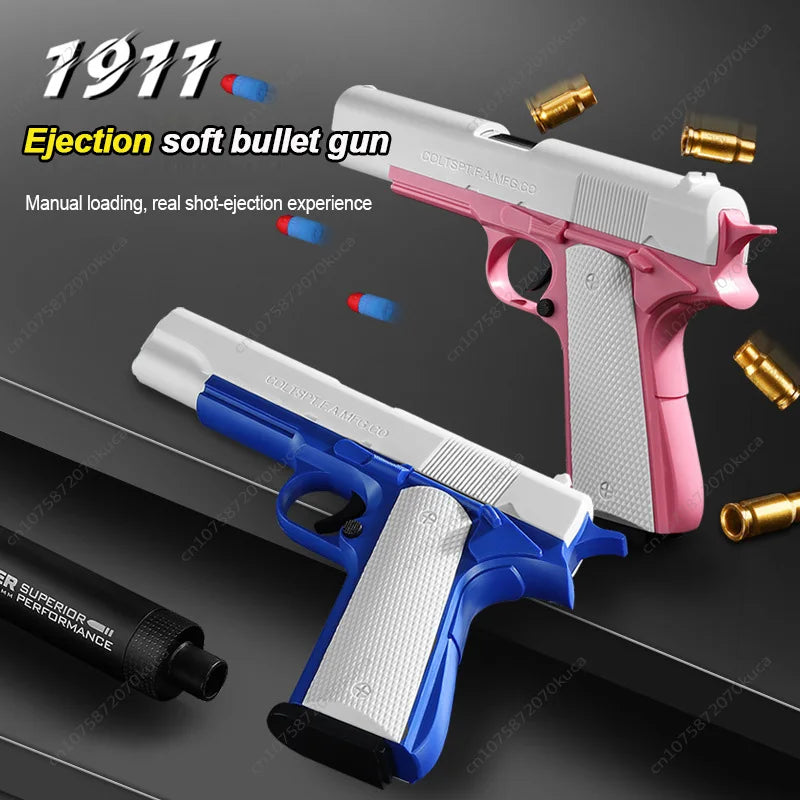Pistola de juguete M1911 con balas de espuma, expulsión de casquillos, lanzador de dardos de espuma, arma de airsoft manual con silenciador para niños y adultos