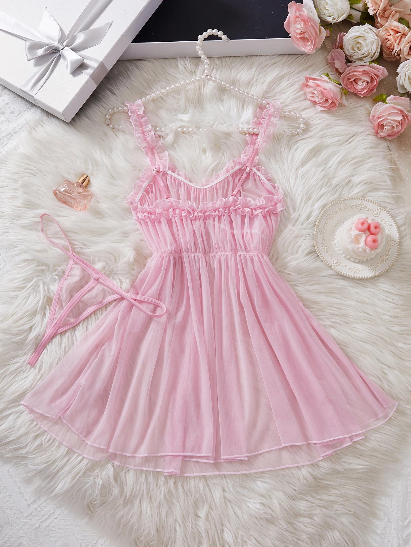 Babydoll Rosa con Encaje y Lazo, Conjunto de Lencería Sexy