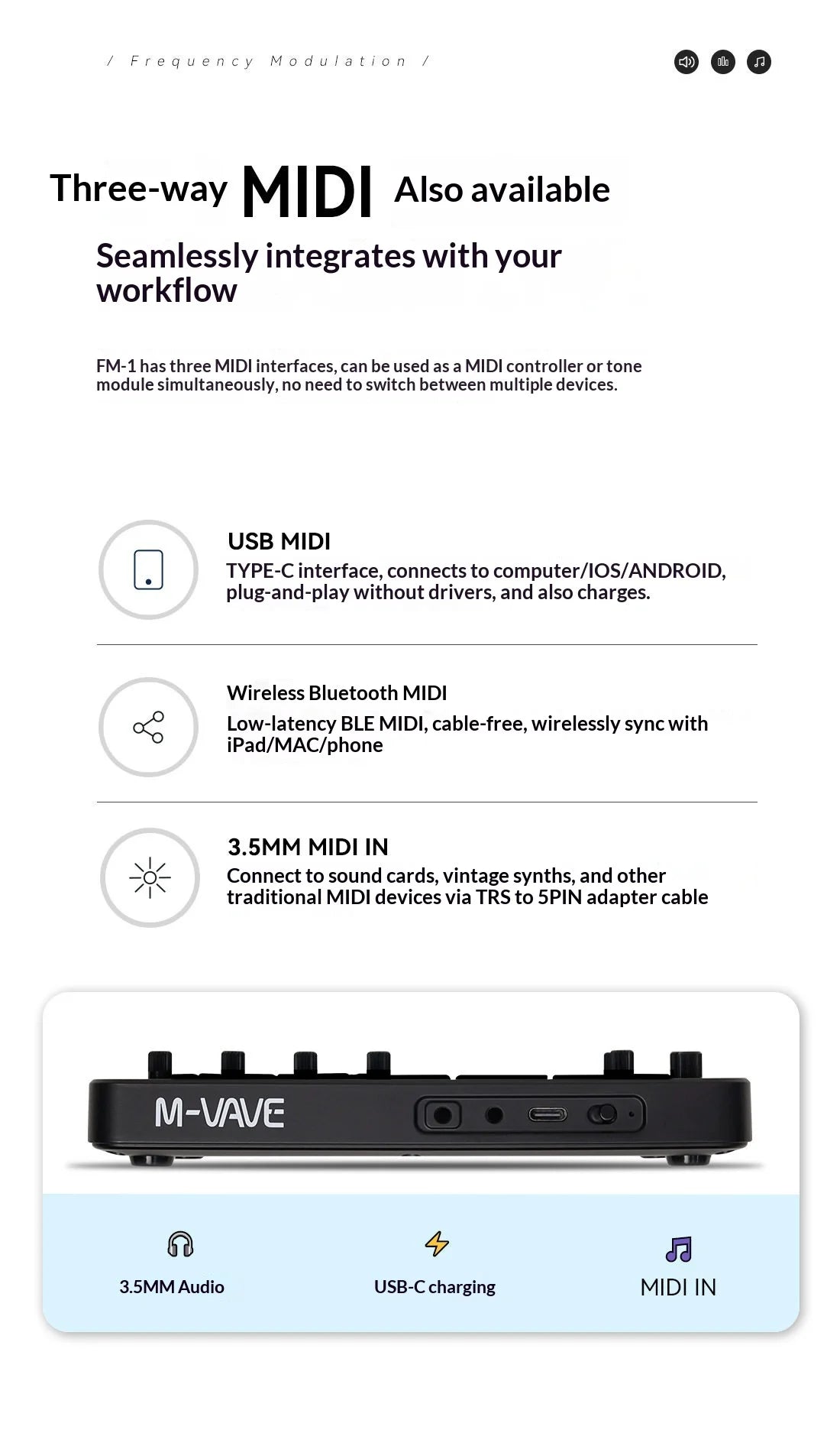 Sintetizador FM Portátil M-Vave FM-1, 6 Operadores, 32 Algoritmos, 128 Preajustes, Altavoz Integrado, Bluetooth, MIDI, Batería de 12h, Regalo Navideño