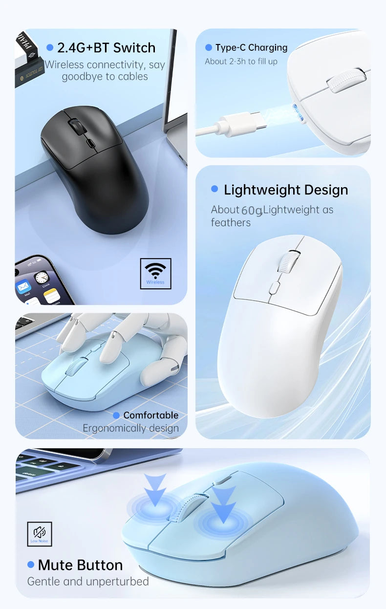 Ratón inalámbrico de 2,4G, USB, Bluetooth, ligero, 1600 DPI, ergonómico, silencioso, para juegos, Macbook, escritorio, portátil, iPad