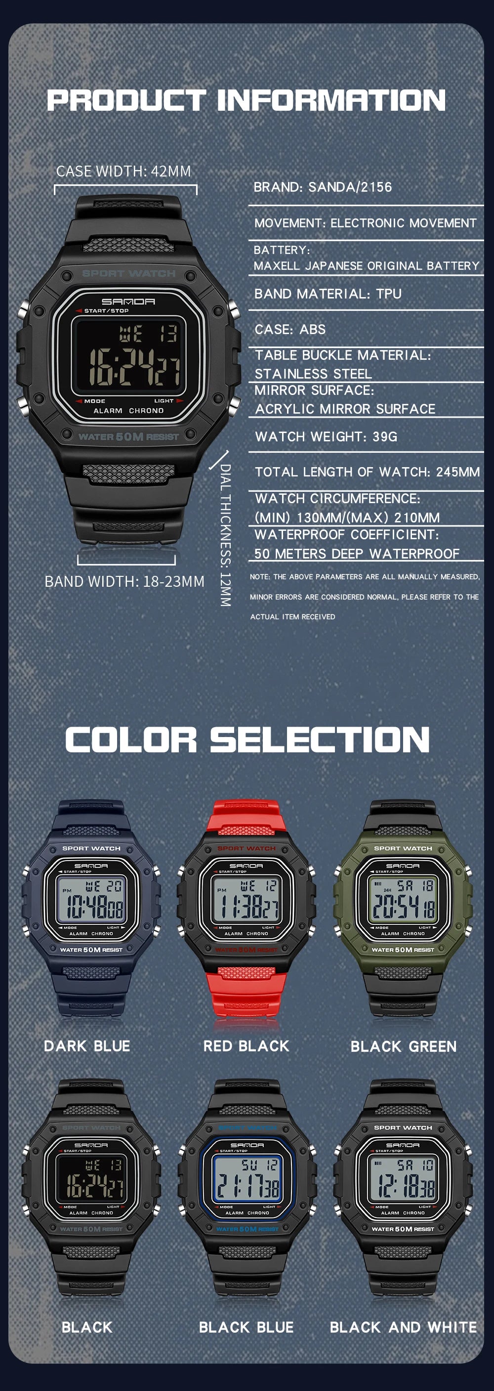 SANDA 2156 reloj de moda para hombre, relojes deportivos militares resistentes al agua, relojes de pulsera digitales Led con esfera grande del ejército, cronómetros para hombre