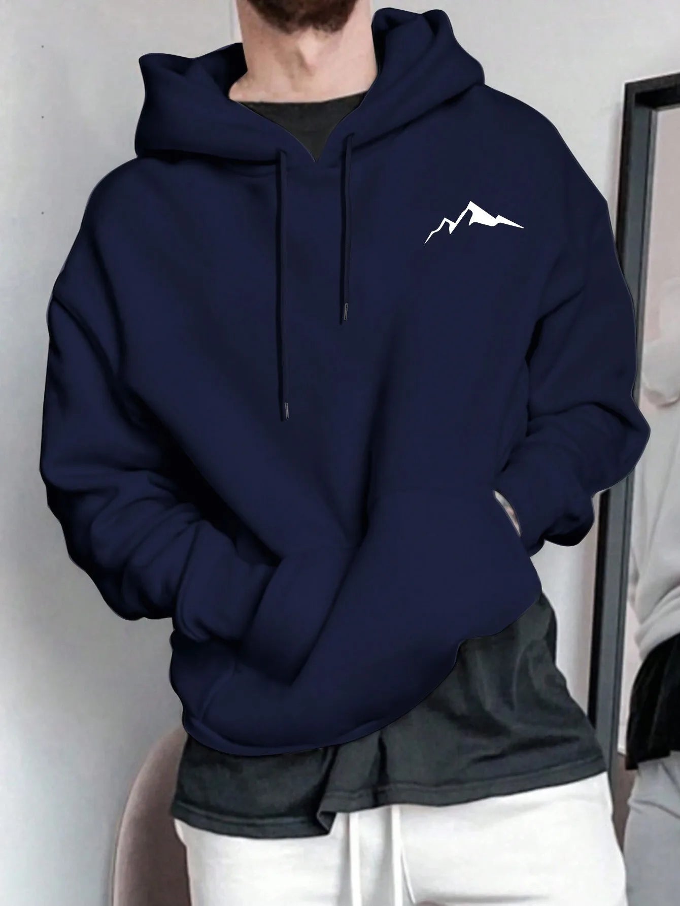 Sudadera con capucha de manga larga con estampado gráfico de montaña, informal, holgada, para hombre, de otoño e invierno, cálida.